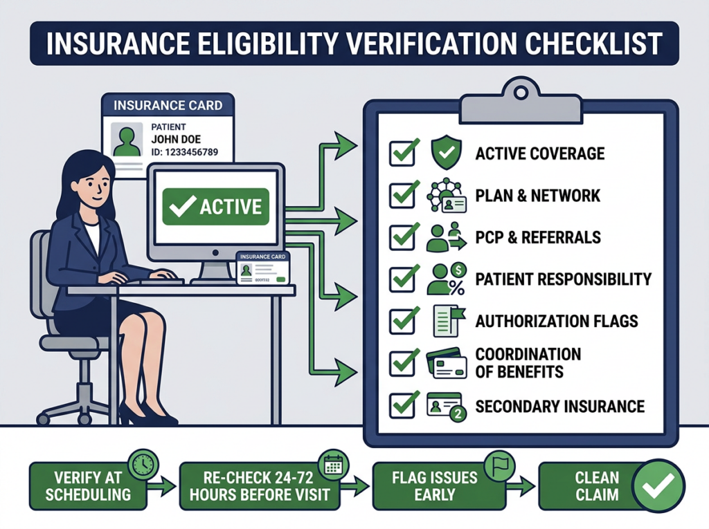 Insurance eligibility verification checklist infographic for NYC medical practices